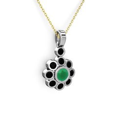 Elmas Çiçek Kolye - Siyah zirkon ve kök zümrüt 925 ayar gümüş kolye (40 cm altın rolo zincir) #3fq45j