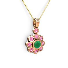Elmas Çiçek Kolye - Pembe kuvars ve kök zümrüt 14 ayar rose altın kolye (40 cm gümüş rolo zincir) #3j4pqj