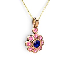 Elmas Çiçek Kolye - Pembe kuvars ve lab safir 925 ayar rose altın kaplama gümüş kolye (40 cm altın rolo zincir) #3kjkbw