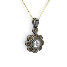 Elmas Çiçek Kolye - Dumanlı kuvars ve elmas 925 ayar siyah rodyum kaplama gümüş kolye (0.5 karat, 40 cm altın rolo zincir) #42meqj