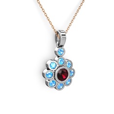 Akuamarin ve rodolit garnet 14 ayar beyaz altın kolye (40 cm rose altın rolo zincir)