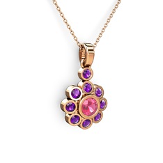 Elmas Çiçek Kolye - Ametist ve pembe kuvars 8 ayar rose altın kolye (40 cm rose altın rolo zincir) #52rhyv