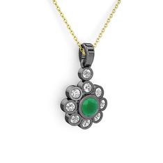 Elmas Çiçek Kolye - Swarovski ve kök zümrüt 925 ayar siyah rodyum kaplama gümüş kolye (40 cm altın rolo zincir) #5780ip