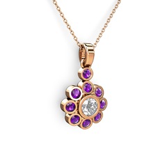 Elmas Çiçek Kolye - Ametist ve swarovski 8 ayar rose altın kolye (40 cm rose altın rolo zincir) #5jje0a