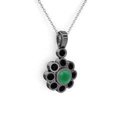 Elmas Çiçek Kolye - Siyah zirkon ve kök zümrüt 925 ayar siyah rodyum kaplama gümüş kolye (40 cm beyaz altın rolo zincir) #6a6vyh