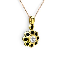 Elmas Çiçek Kolye - Siyah zirkon ve elmas 8 ayar altın kolye (0.5 karat, 40 cm gümüş rolo zincir) #6bc5b9