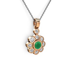 Elmas Çiçek Kolye - Pırlanta ve kök zümrüt 8 ayar rose altın kolye (0.54 karat, 40 cm gümüş rolo zincir) #761asa
