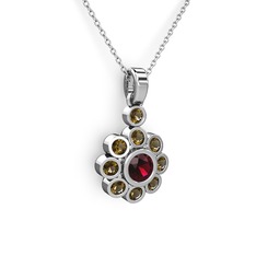 Elmas Çiçek Kolye - Dumanlı kuvars ve rodolit garnet 18 ayar beyaz altın kolye (40 cm beyaz altın rolo zincir) #7cn05g