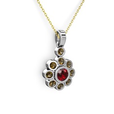 Elmas Çiçek Kolye - Dumanlı kuvars ve garnet 14 ayar beyaz altın kolye (40 cm altın rolo zincir) #7w3lri