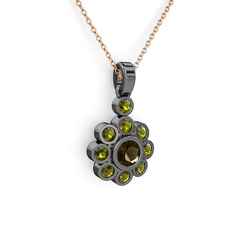Elmas Çiçek Kolye - Peridot ve dumanlı kuvars 925 ayar siyah rodyum kaplama gümüş kolye (40 cm rose altın rolo zincir) #8ydutt