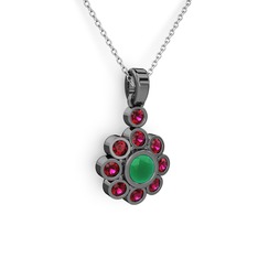 Elmas Çiçek Kolye - Rodolit garnet ve kök zümrüt 925 ayar siyah rodyum kaplama gümüş kolye (40 cm beyaz altın rolo zincir) #92btaq