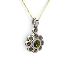 Elmas Çiçek Kolye - Dumanlı kuvars ve peridot 14 ayar beyaz altın kolye (40 cm gümüş rolo zincir) #9m94lo
