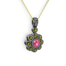 Elmas Çiçek Kolye - Peridot ve pembe kuvars 925 ayar siyah rodyum kaplama gümüş kolye (40 cm altın rolo zincir) #9z2lxi