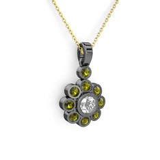 Elmas Çiçek Kolye - Peridot ve swarovski 925 ayar siyah rodyum kaplama gümüş kolye (40 cm altın rolo zincir) #ab8tqa