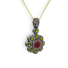 Elmas Çiçek Kolye - Peridot ve kök yakut 925 ayar siyah rodyum kaplama gümüş kolye (40 cm altın rolo zincir) #am4erc