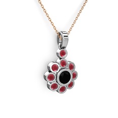 Kök yakut ve siyah zirkon 18 ayar beyaz altın kolye (40 cm rose altın rolo zincir)