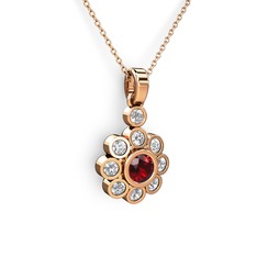Elmas Çiçek Kolye - Beyaz zirkon ve garnet 14 ayar rose altın kolye (40 cm rose altın rolo zincir) #azjcuw
