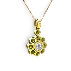 Elmas Çiçek Kolye - Peridot ve elmas 14 ayar altın kolye (0.5 karat, 40 cm rose altın rolo zincir) #b8t7bv