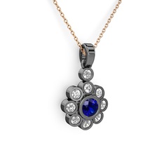 Beyaz zirkon ve lab safir 925 ayar siyah rodyum kaplama gümüş kolye (40 cm rose altın rolo zincir)