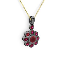 Rodolit garnet ve kök yakut 925 ayar siyah rodyum kaplama gümüş kolye (40 cm altın rolo zincir)