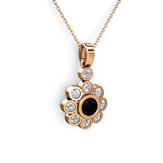 Elmas Çiçek Kolye - Elmas ve siyah zirkon 14 ayar rose altın kolye (0.54 karat, 40 cm rose altın rolo zincir) #c040d8