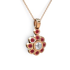 Elmas Çiçek Kolye - Kök yakut ve beyaz zirkon 14 ayar rose altın kolye (40 cm rose altın rolo zincir) #c4h3ta