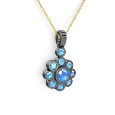 Elmas Çiçek Kolye - Akuamarin 925 ayar siyah rodyum kaplama gümüş kolye (40 cm altın rolo zincir) #d4dwgo