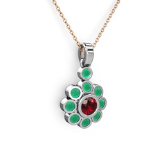 Kök zümrüt ve garnet 18 ayar beyaz altın kolye (40 cm gümüş rolo zincir)