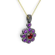 Ametist ve garnet 925 ayar siyah rodyum kaplama gümüş kolye (40 cm altın rolo zincir)