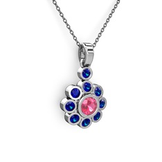 Lab safir ve pembe kuvars 18 ayar beyaz altın kolye (40 cm gümüş rolo zincir)