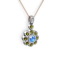 Elmas Çiçek Kolye - Peridot ve akuamarin 14 ayar beyaz altın kolye (40 cm rose altın rolo zincir) #e5jjtx