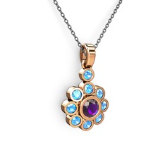 Akuamarin ve ametist 925 ayar rose altın kaplama gümüş kolye (40 cm gümüş rolo zincir)