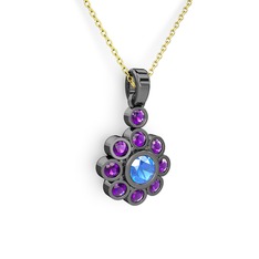 Ametist ve akuamarin 925 ayar siyah rodyum kaplama gümüş kolye (40 cm altın rolo zincir)