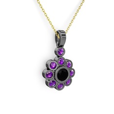 Ametist ve siyah zirkon 925 ayar siyah rodyum kaplama gümüş kolye (40 cm altın rolo zincir)