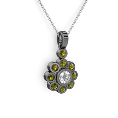 Elmas Çiçek Kolye - Peridot ve elmas 925 ayar siyah rodyum kaplama gümüş kolye (0.5 karat, 40 cm gümüş rolo zincir) #gymw8g