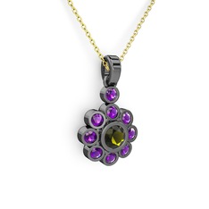 Ametist ve peridot 925 ayar siyah rodyum kaplama gümüş kolye (40 cm altın rolo zincir)
