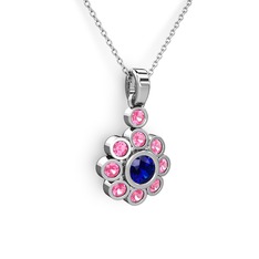 Pembe kuvars ve lab safir 18 ayar beyaz altın kolye (40 cm gümüş rolo zincir)