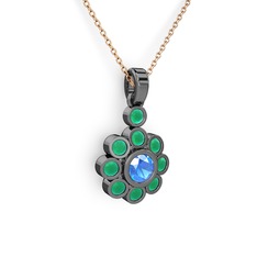 Elmas Çiçek Kolye - Kök zümrüt ve akuamarin 925 ayar siyah rodyum kaplama gümüş kolye (40 cm rose altın rolo zincir) #hmds81