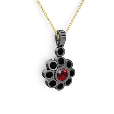 Elmas Çiçek Kolye - Siyah zirkon ve garnet 925 ayar siyah rodyum kaplama gümüş kolye (40 cm gümüş rolo zincir) #io2x3z
