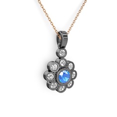 Elmas Çiçek Kolye - Elmas ve akuamarin 925 ayar siyah rodyum kaplama gümüş kolye (0.54 karat, 40 cm rose altın rolo zincir) #irdsic