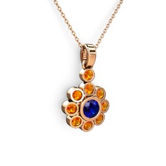 Elmas Çiçek Kolye - Sitrin ve lab safir 18 ayar rose altın kolye (40 cm rose altın rolo zincir) #j5abbm
