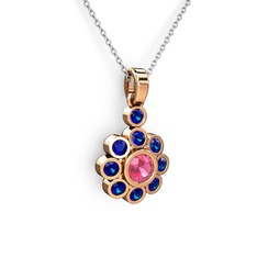 Lab safir ve pembe kuvars 14 ayar rose altın kolye (40 cm beyaz altın rolo zincir)