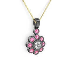 Elmas Çiçek Kolye - Pembe kuvars ve swarovski 925 ayar siyah rodyum kaplama gümüş kolye (40 cm altın rolo zincir) #jqutfj