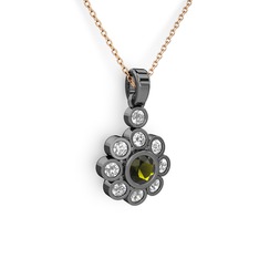 Elmas Çiçek Kolye - Pırlanta ve peridot 925 ayar siyah rodyum kaplama gümüş kolye (0.54 karat, 40 cm gümüş rolo zincir) #k0cymk