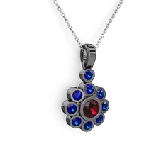 Elmas Çiçek Kolye - Lab safir ve rodolit garnet 925 ayar siyah rodyum kaplama gümüş kolye (40 cm beyaz altın rolo zincir) #l0412p