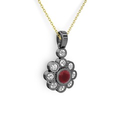 Elmas Çiçek Kolye - Pırlanta ve kök yakut 925 ayar siyah rodyum kaplama gümüş kolye (0.54 karat, 40 cm altın rolo zincir) #l0gsyj