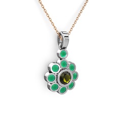 Kök zümrüt ve peridot 18 ayar beyaz altın kolye (40 cm gümüş rolo zincir)