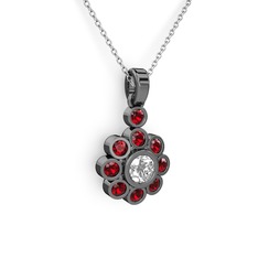 Elmas Çiçek Kolye - Garnet ve pırlanta 925 ayar siyah rodyum kaplama gümüş kolye (0.5 karat, 40 cm beyaz altın rolo zincir) #mbk2wy