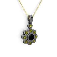 Elmas Çiçek Kolye - Peridot ve siyah zirkon 925 ayar siyah rodyum kaplama gümüş kolye (40 cm altın rolo zincir) #n09hm9