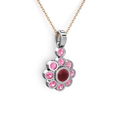 Pembe kuvars ve kök yakut 8 ayar beyaz altın kolye (40 cm rose altın rolo zincir)